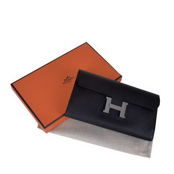 Cheap Fake Hermes Constance Long Wallets Black Calfskin Leather Silver